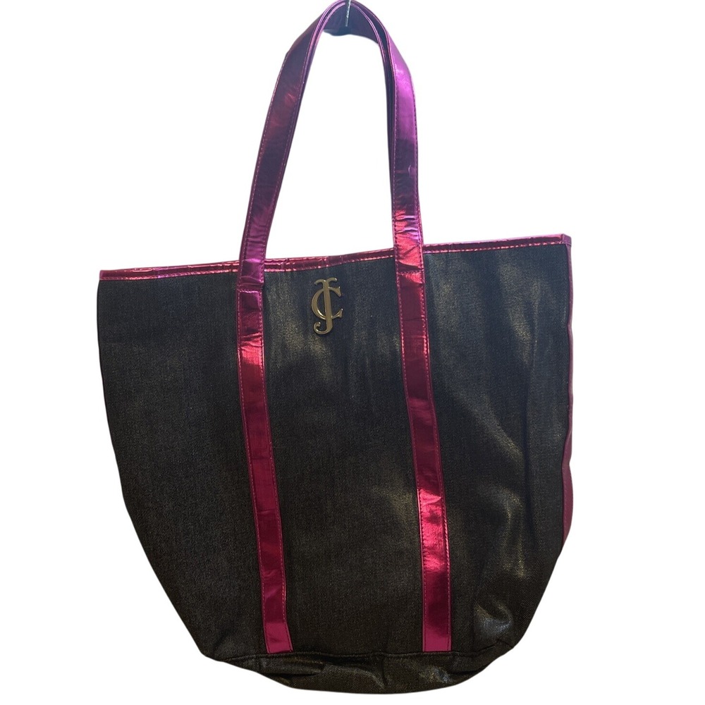 Juicy Couture Black Denim Tote Bag Pink Metallic Trim‎ JC Logo